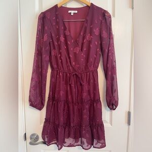 City Vibe Elegant Burgundy Floral Long Sleeve Mini Dress. Size Small